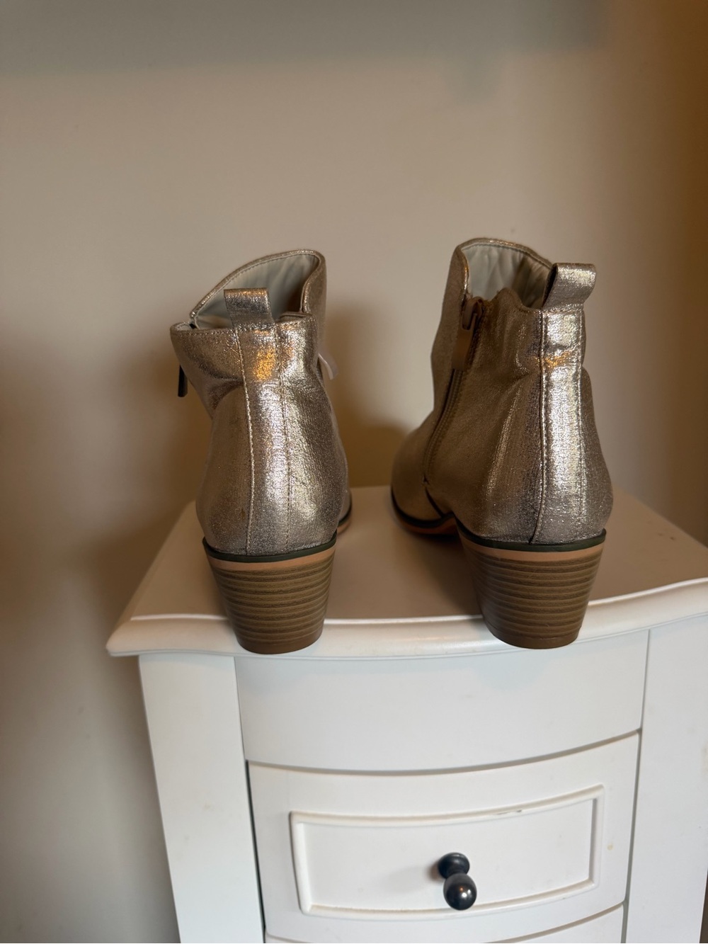 Metallic Gold Women’s Ankle Booties with Low Stacked Heel - Picture 4 of 5